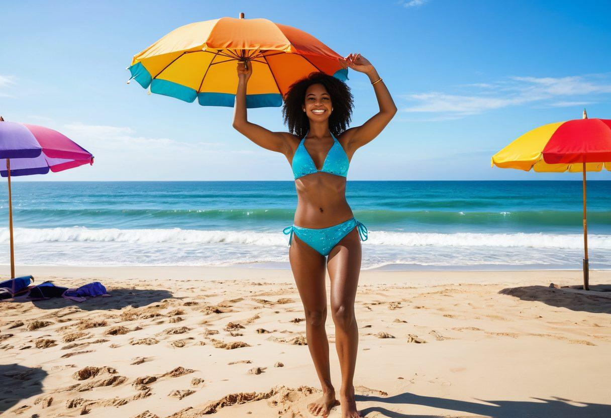 A confident person standing on a beach, radiating self-assurance in a vibrant bikini, surrounded by colorful beach umbrellas and playful waves in the backdrop. Include elements symbolizing wellness like fresh fruits and yoga mats nearby. The sky should be a bright blue with a warm sun shining down, evoking a feeling of positivity and empowerment. super-realistic. vibrant colors. sunny beach ambiance.